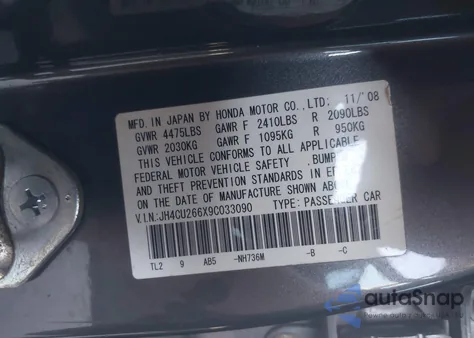 2009 Acura Tsx from USA, damaged, VIN JH4CU266X9C033090